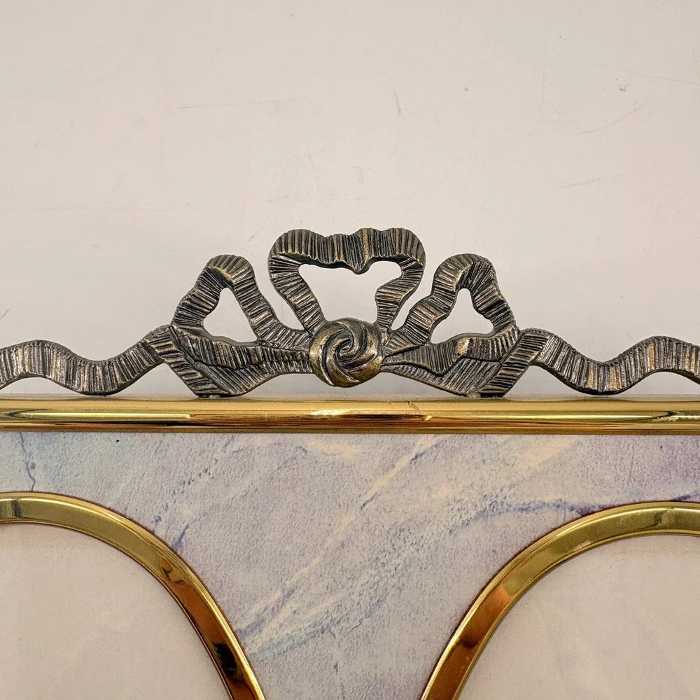 Burnes Vintage Double Picture Frame Marbled Blue Purple Gold‎ Tone Bow Detail